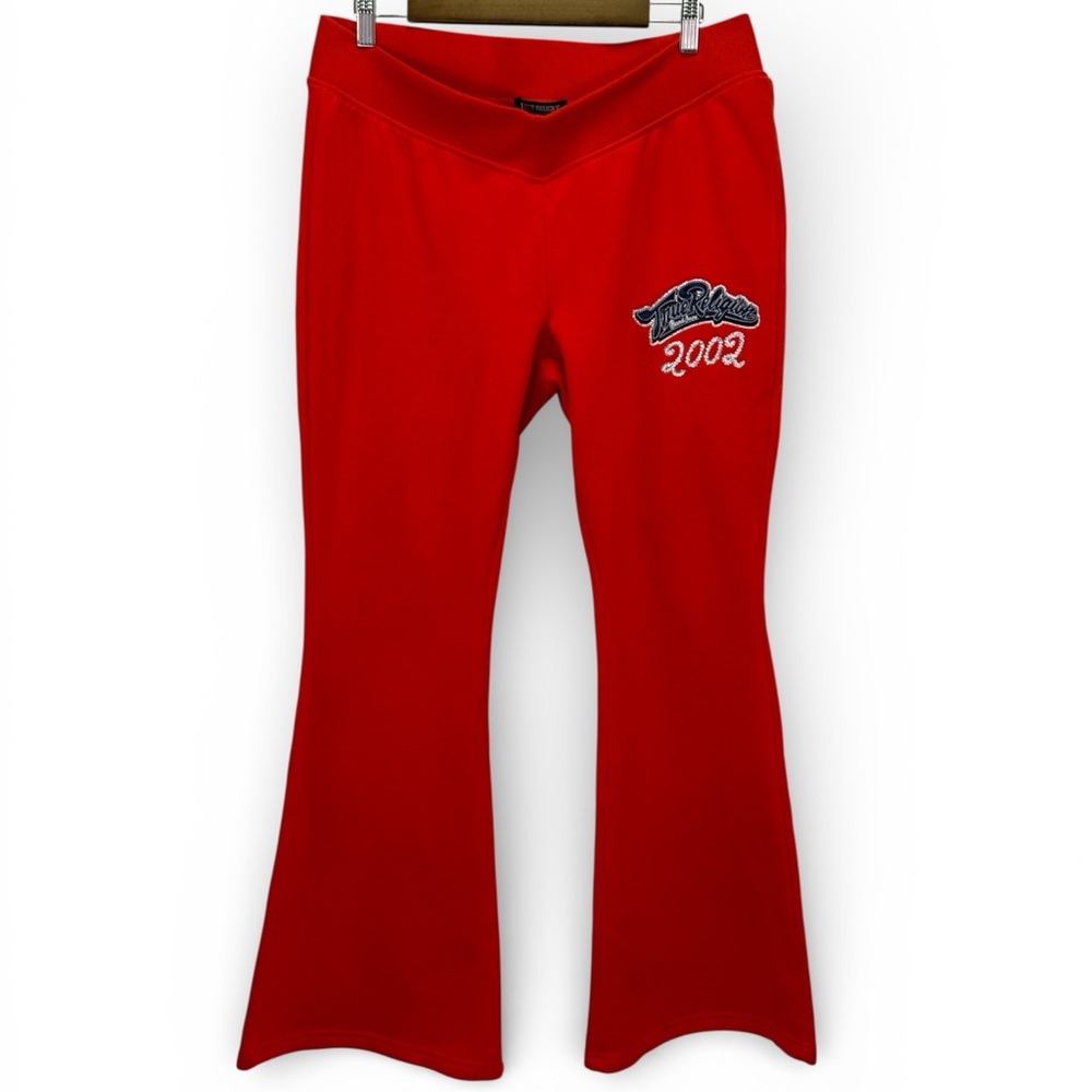 True Religion Red Flare V-Waist Sweatpants Womens Size Large Rhinestone Logo